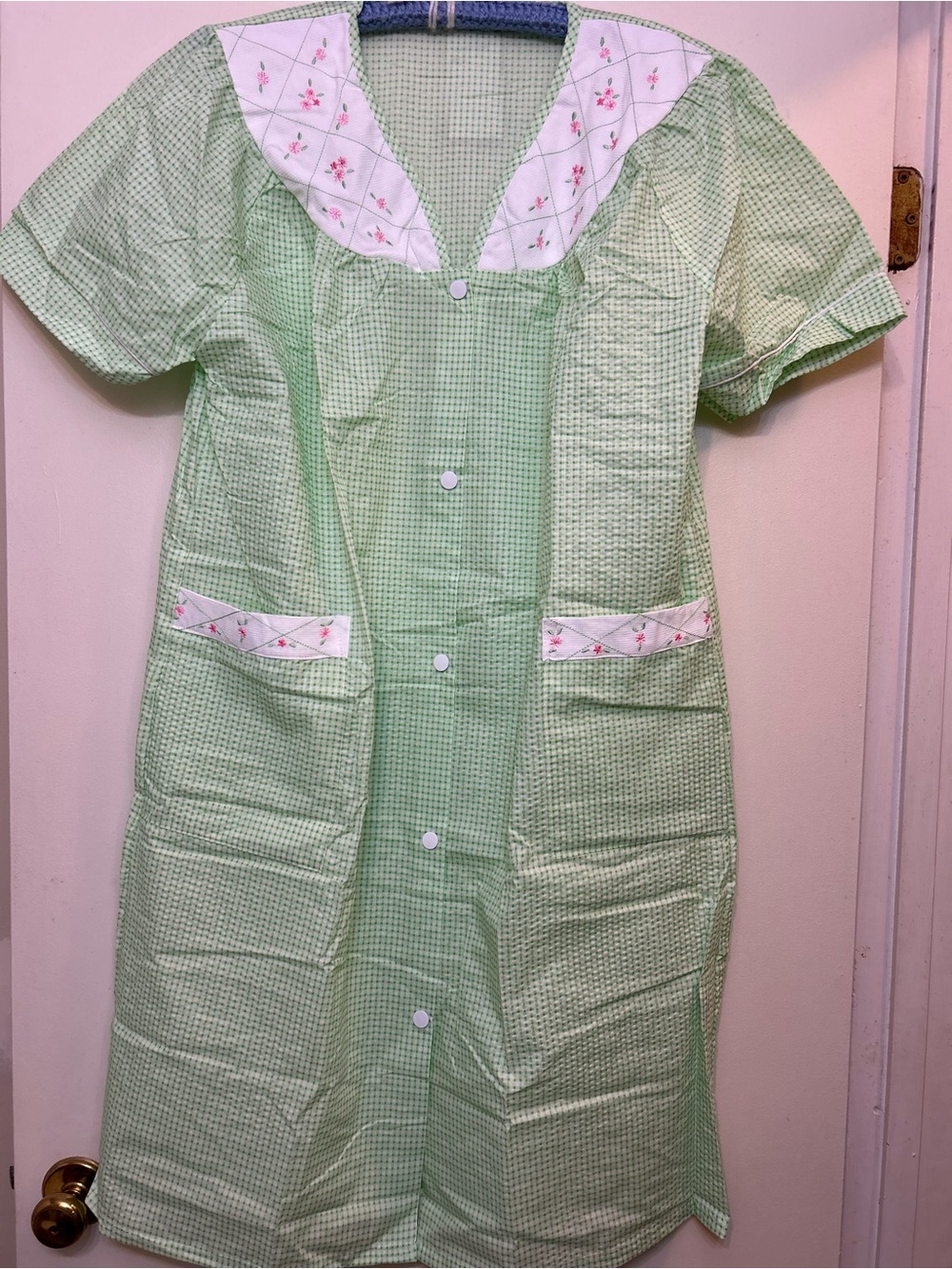 Green Checked Girls' Pajama Nightgown with Floral Trim